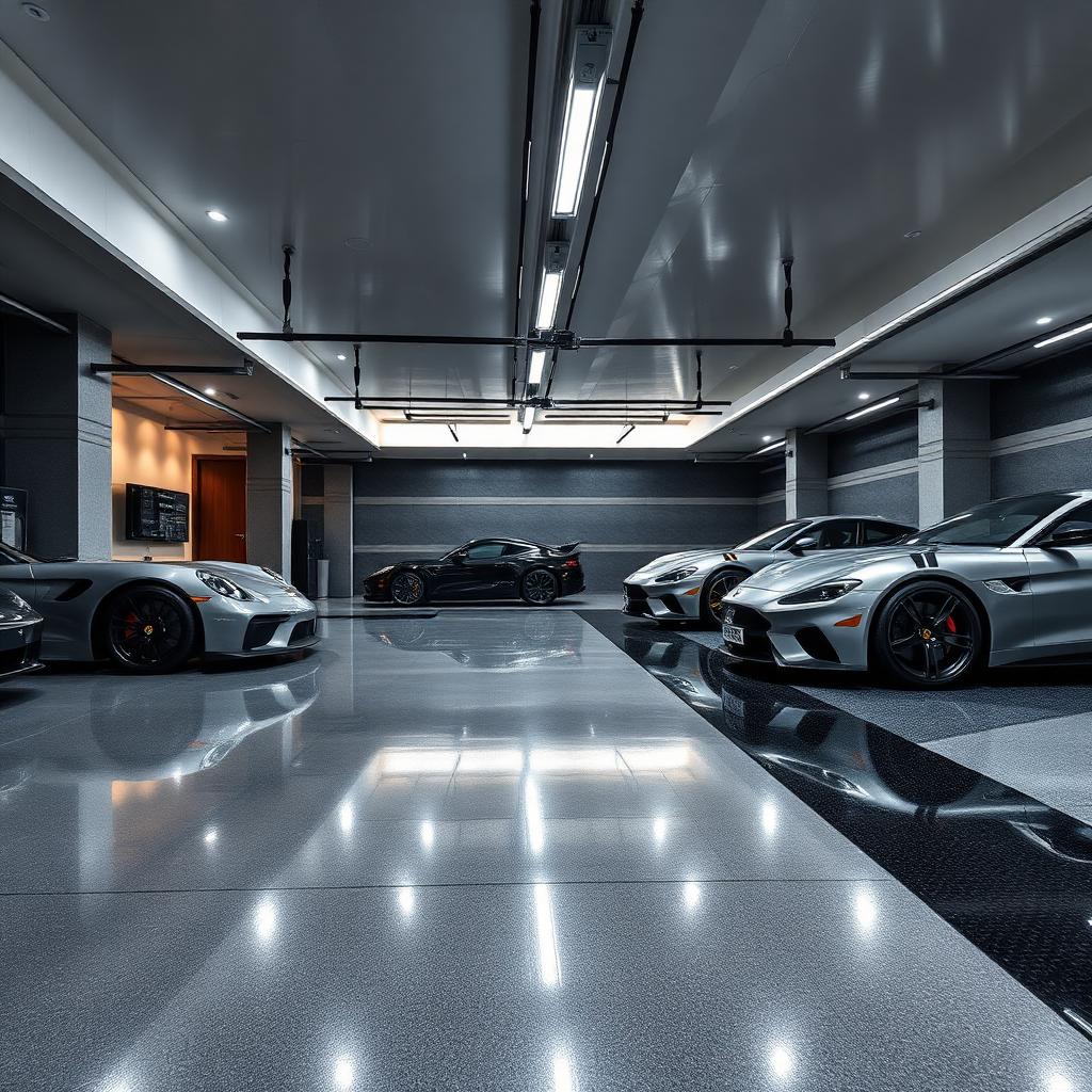 Luxury residential garage with metallic gray and black epoxy floor in Plano, TX