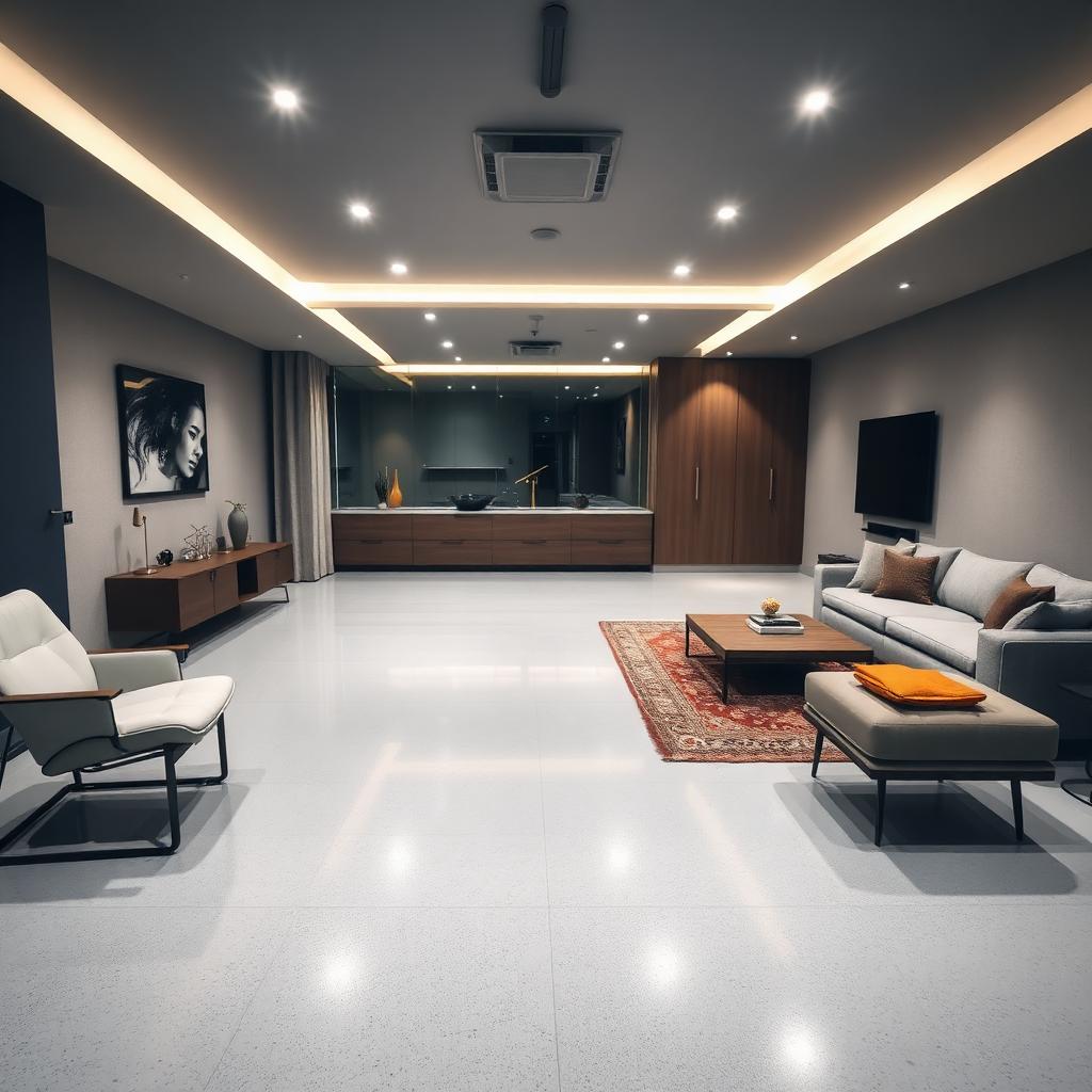 Polished light gray epoxy basement floor in modern Allen home