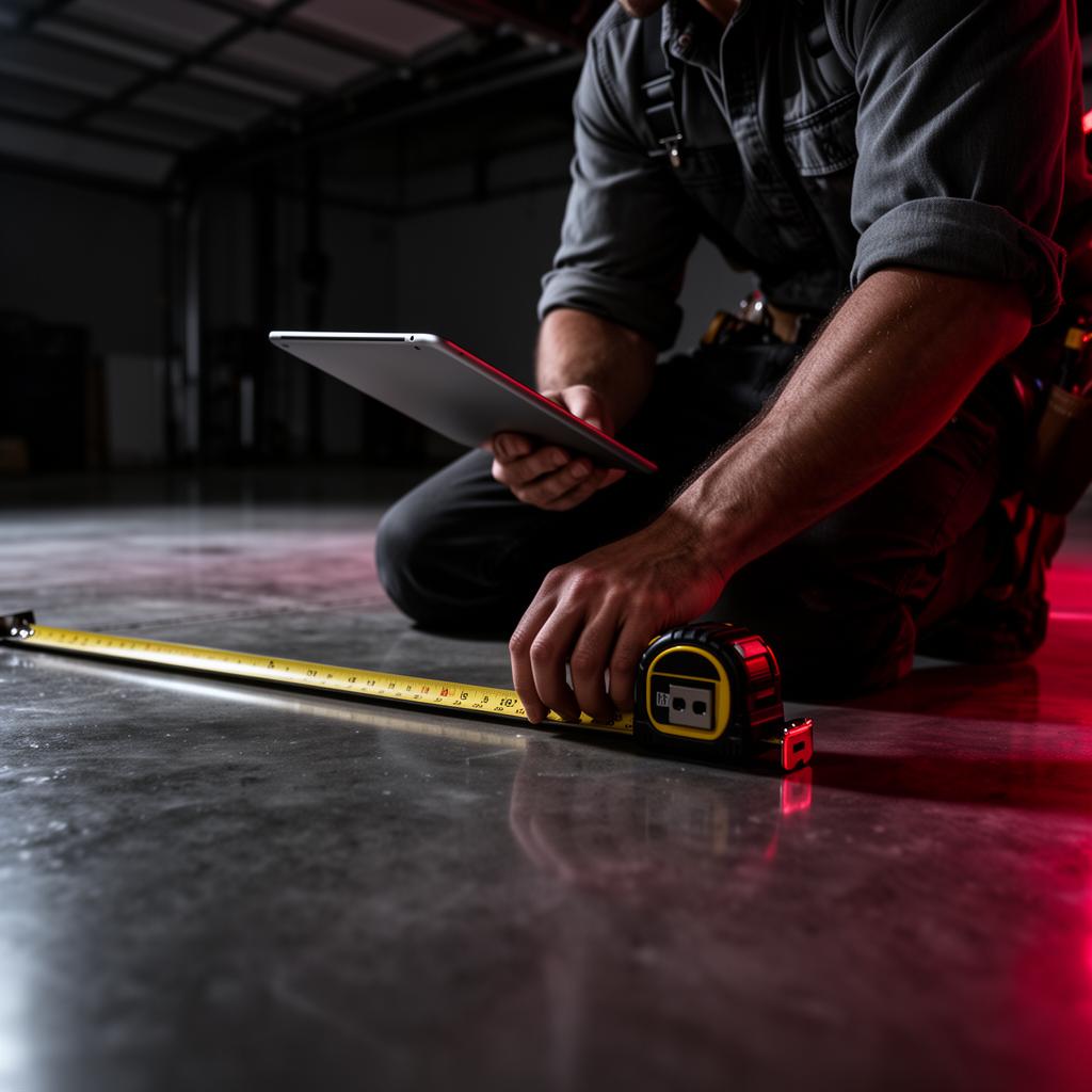 IronCoat technician measuring a DFW garage floor for a free epoxy quote